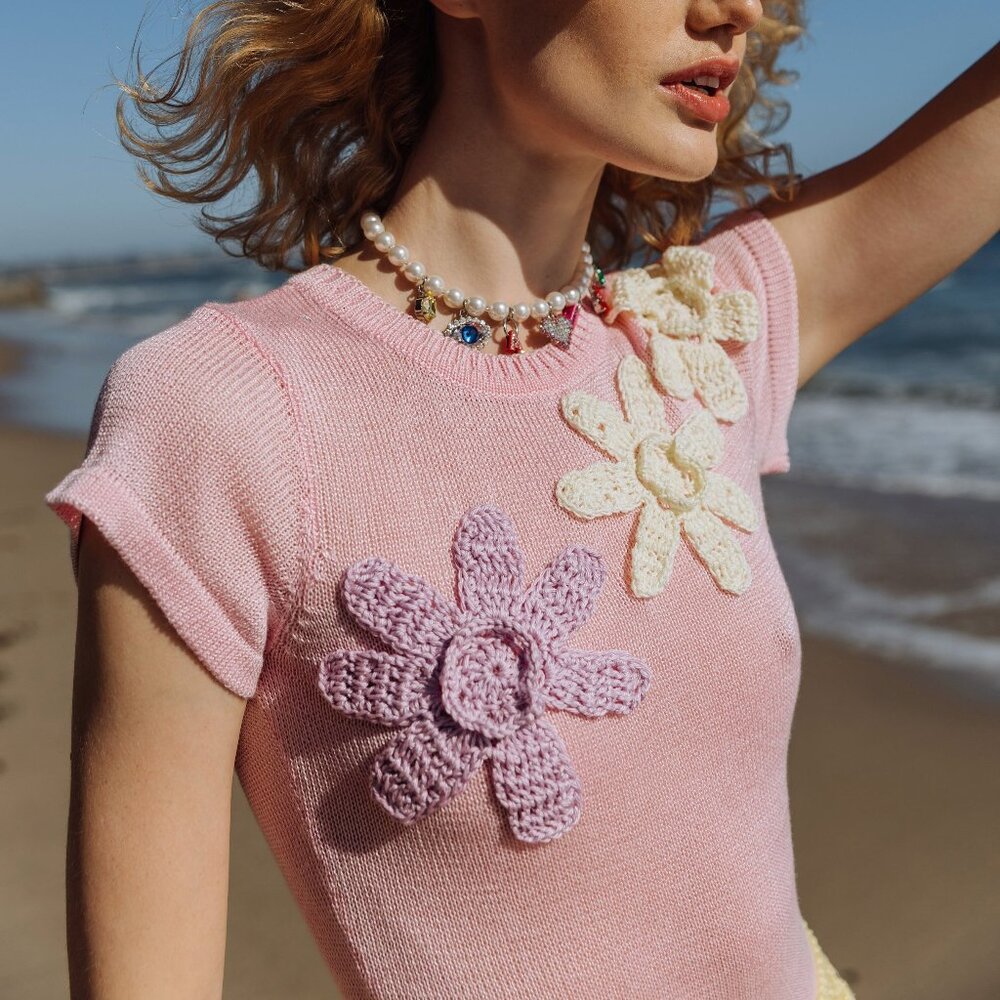 New ANDREEVA Knit Top With Crochet Details in Pink - Picture 3 of 5